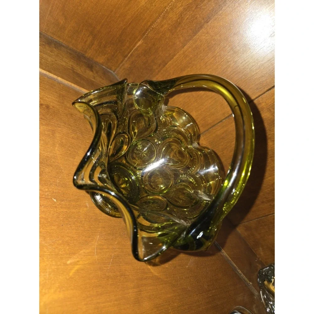 Vintage Olive Green Glass Basket Handle Glass Ruffle Rim Vintage